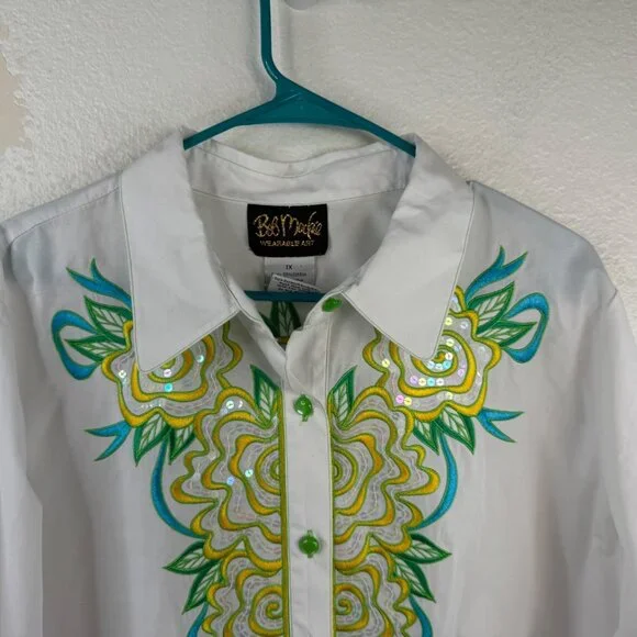 NWT Bob Mackie Wearable Art Top White Sz 1X Button Up Flower Embroidered Sequins - Picture 5 of 16